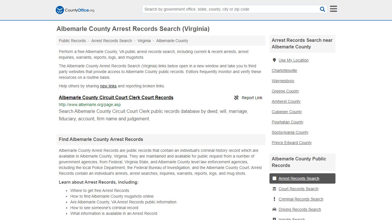 Albemarle County Arrest Records Search (Virginia) - County Office