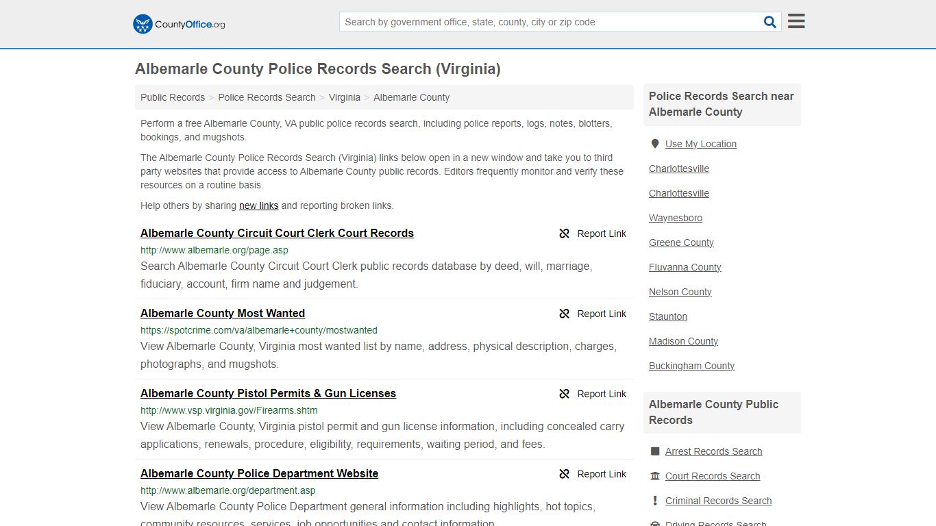 Albemarle County Police Records Search (Virginia) - County Office